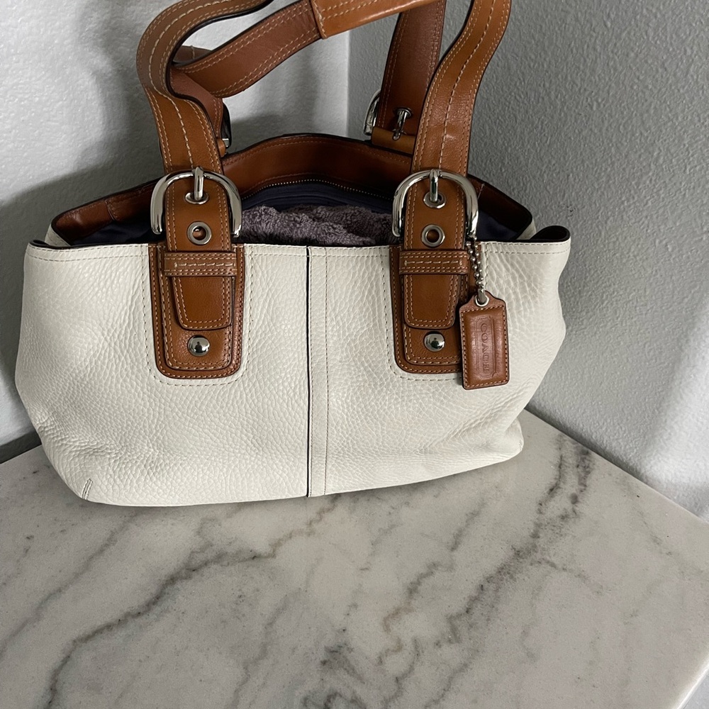 Coach Elegant White and Brown Leather Tote Bag